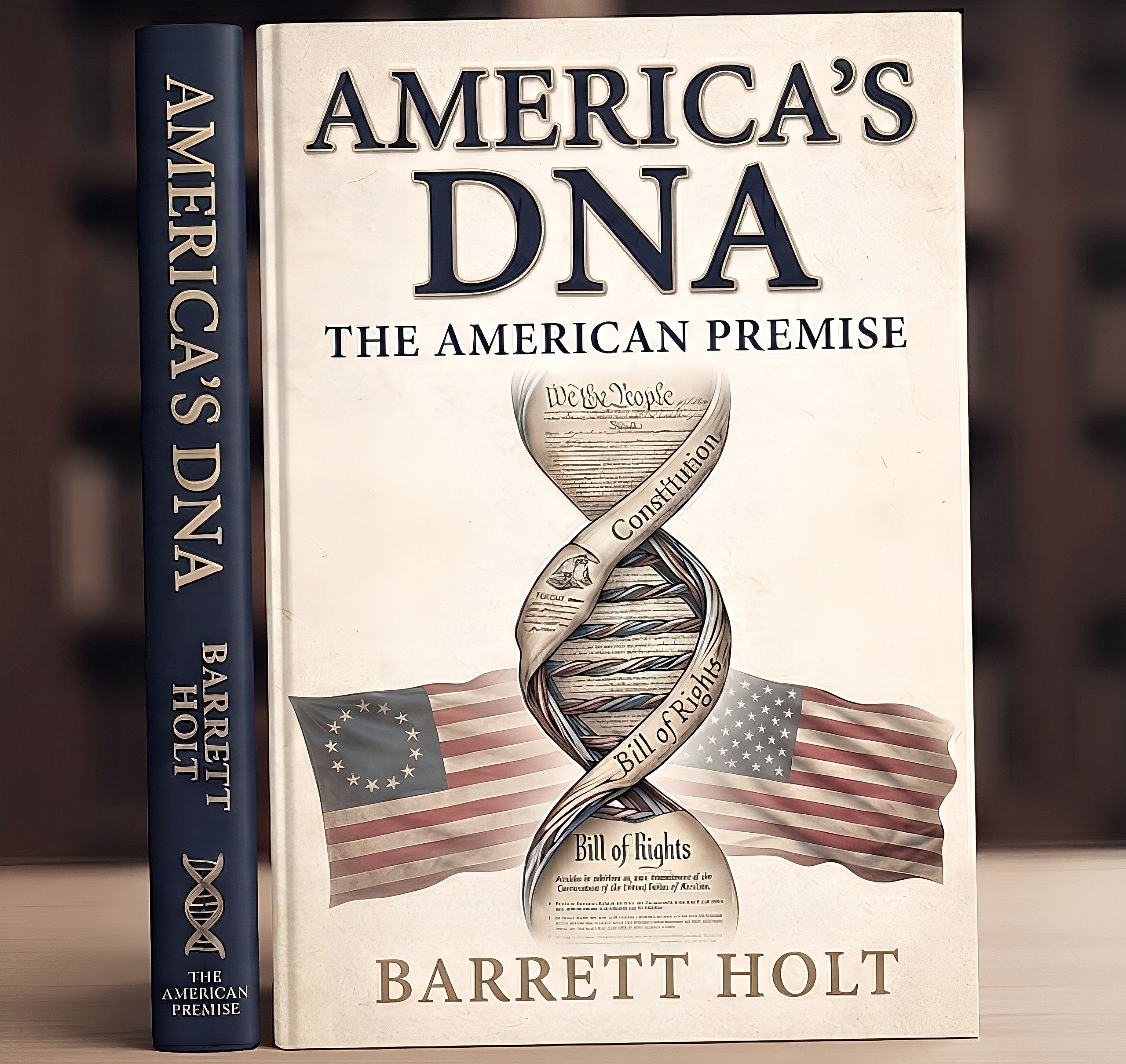 Book cover for America's DNA: The American Premise by Barrett Holt, showing a double helix formed from the Constitution, Bill of Rights, and the American flag.